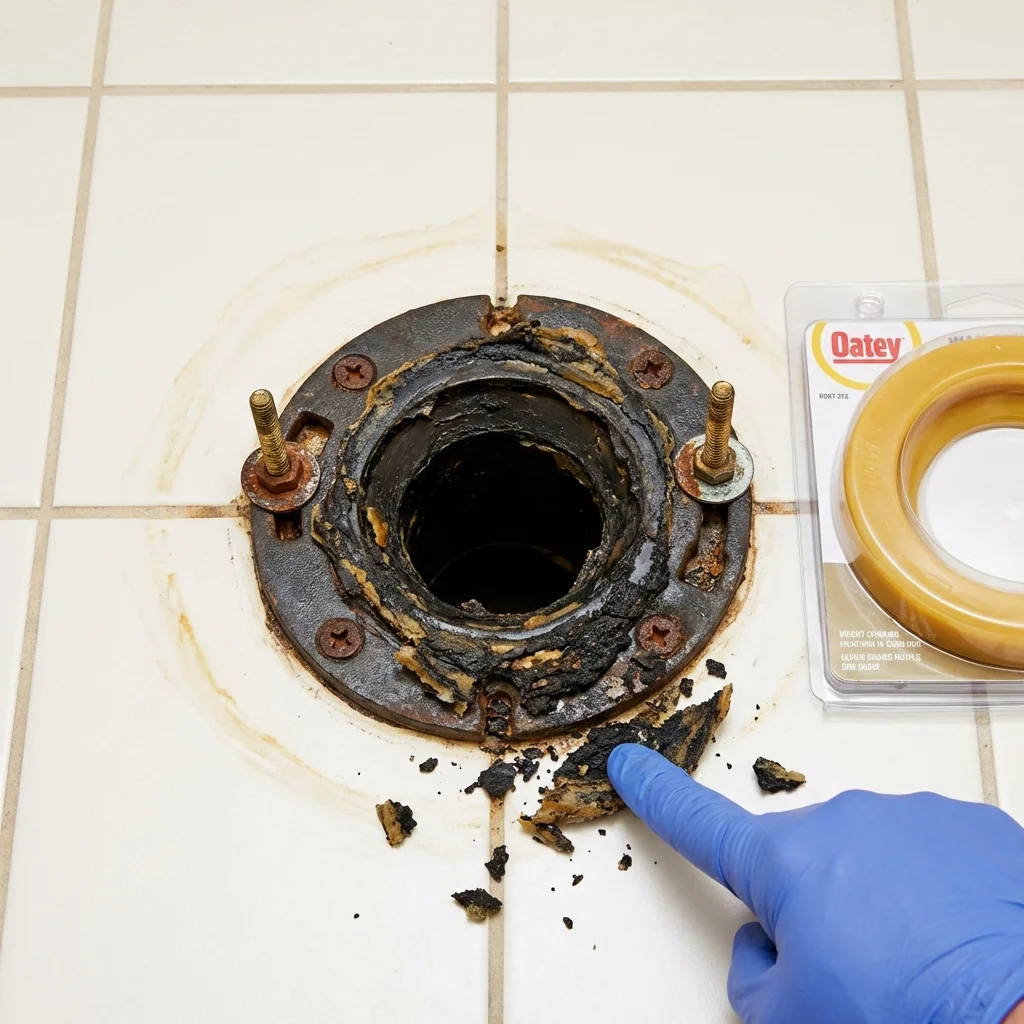 Failed wax ring showing water seepage at the base of a toilet in a Salem, WI home